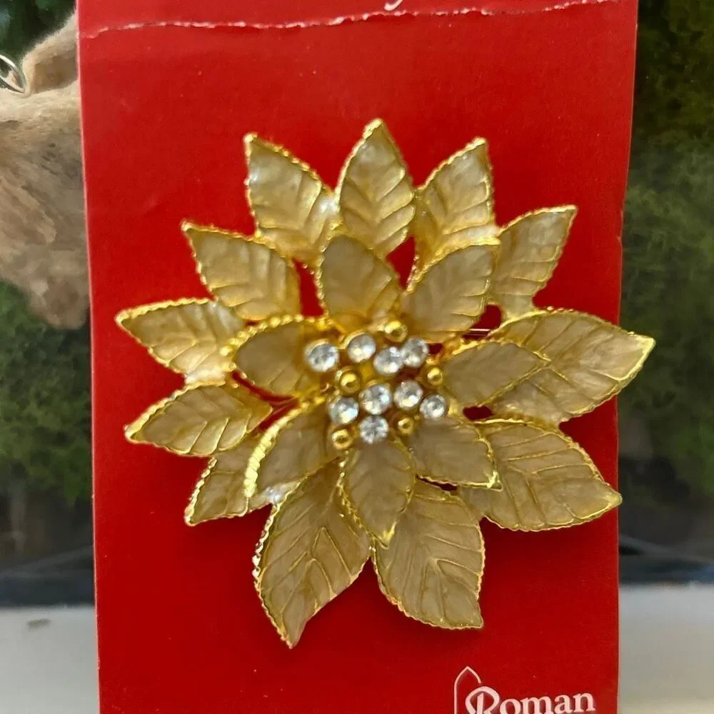 NWT Roman gold enamel poinsettia Christmas pin brooch